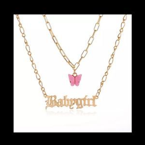 Gold titanium hip hop baby girl pink enamel butterfly boho layered necklace new
